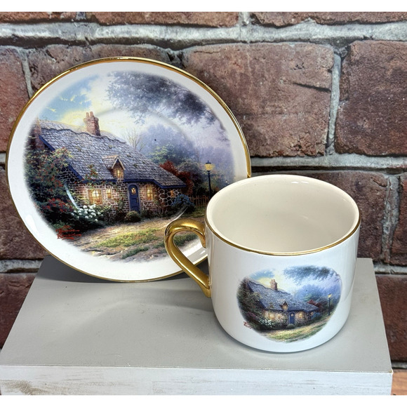 Thomas Kinkade “Moonlight Cottage” Collectible Tea Cup Mug & Saucer Set - Picture 1 of 9